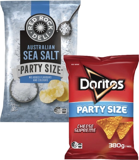 Smith's Crinkle Cut Potato Chips or Doritos Corn Chips 380g or Red Rock Deli Potato Chips 290g