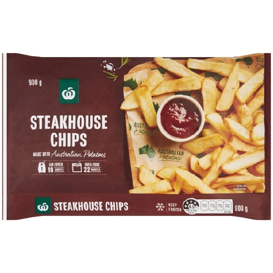 Woolworths Steakhouse Chips, Shoestring Fries or Crinkle Cut Chips 900g – From the Freezer