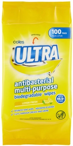 Coles Ultra Antibacterial Multipurpose Biodegradable Wipes 100 Pack