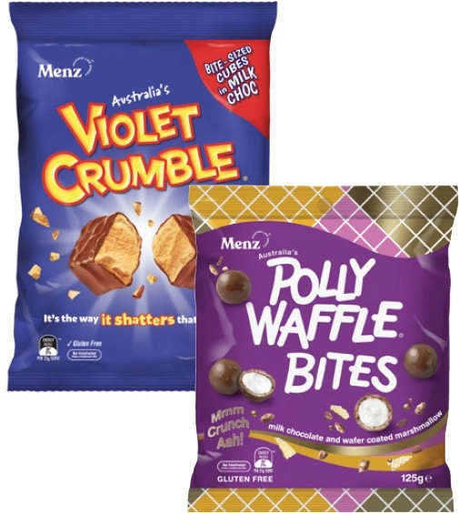 Violet Crumble Choc Honeycomb 120g-150g or Polly Waffle 125g