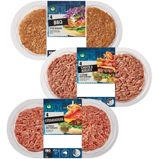 Woolworths Australian Chuck & Brisket, Steakhouse or Pork Burger Varieties 454-500g