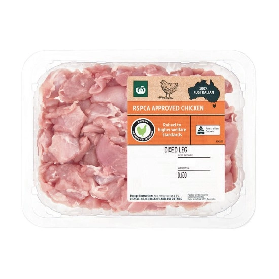 Woolworths Australian Fresh RSPCA Approved Diced Chicken Leg Fillet 500g – From the Meat Dept