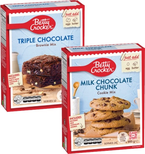 Betty Crocker Baking Mix Choc Fudge Brownies 500g or Milk Choc Chunk Cookie 485g