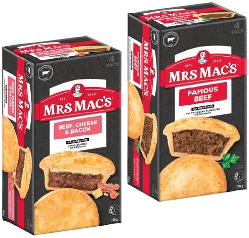 Mrs Mac's Pies or Giant Sausage Rolls 4 Pack Selected Varieties