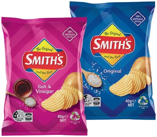 Smith’s Crinkle Cut Chips, Twisties or Doritos Corn Chips 45g Selected Varieties