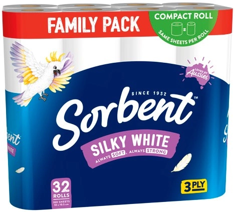 Sorbent 3 Ply Silky White Toilet Tissue 32 Pack