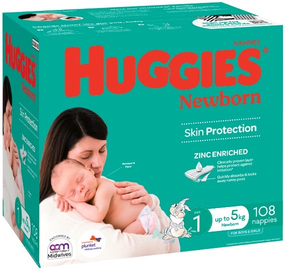 Huggies Nappies Newborn 108 Pack, Infant 96 Pack, Pure Care Ultimate Nappies 52‑72 Pack or Nappy Pants 46-56 Pack Selected Varieties