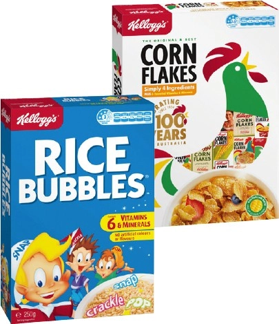 Kellogg’s Corn Flakes 380g or Rice Bubbles 250g