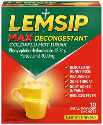 Lemsip Max Cold & Flu Decongestant Hot Drink Lemon Sachets 10 Pack**