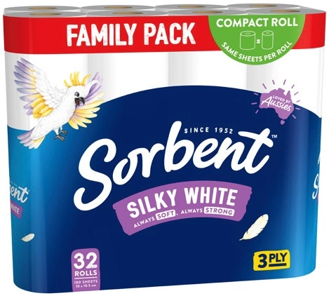 Sorbent 3 Ply Silky White Toilet Tissue 32 Pack