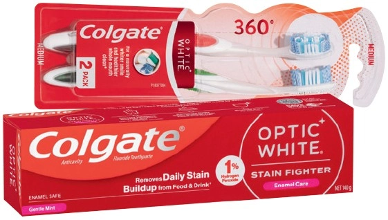 Colgate Optic White Toothpaste 140g, Mouthwash 500mL, 360° Optic White or Optic White Pro Toothbrush 2 Pack Selected Varieties