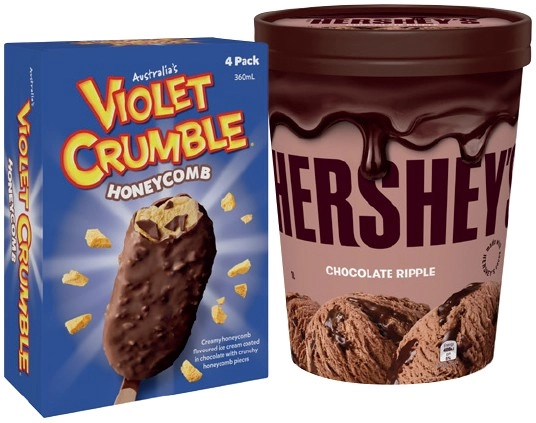 Hershey's, Reese's or Violet Crumble Ice Cream 1 Litre or Sticks 4 Pack Selected Varieties