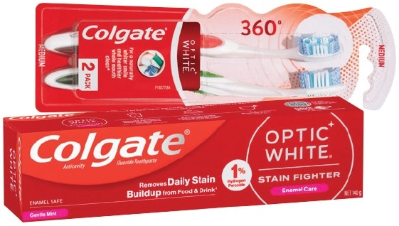 Colgate Optic White Toothpaste 140g, Mouthwash 500mL, 360° Optic White or Optic White Pro Toothbrush 2 Pack Selected Varieties