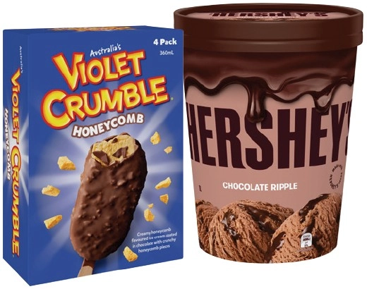 Hershey’s, Reese’s, Violet Crumble Ice Cream 1 Litre or Sticks 4 Pack Selected Varieties