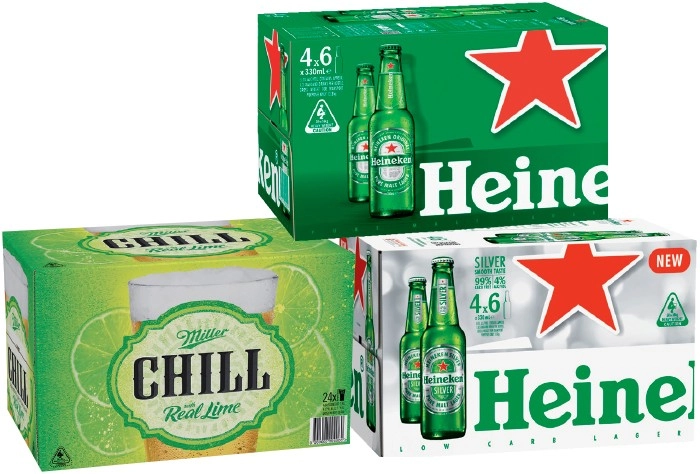 Heineken Lager, Heineken Silver or Miller Chill Varieties 24 Pack