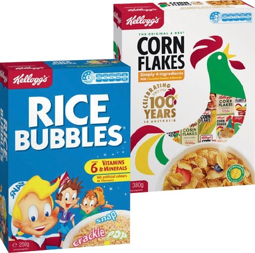 Kellogg’s Corn Flakes 380g or Rice Bubbles 250g