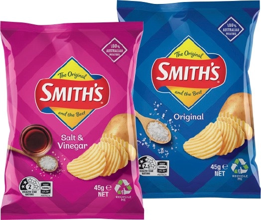 Smith’s Crinkle Cut Chips, Twisties or Doritos Corn Chips 45g Selected Varieties