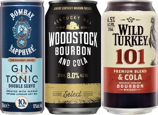 Bombay Sapphire Gin & Tonic Double Serve 10%, Woodstock & Cola 8% or Wild Turkey 101 6.5% Varieties 4 Pack