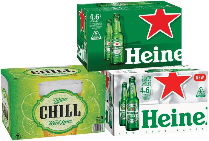 Heineken Lager, Heineken Silver or Miller Chill Varieties 24 Pack