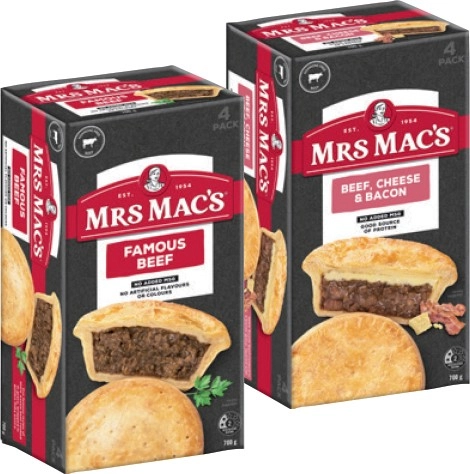 Mrs Mac’s Pies or Giant Sausage Rolls 4 Pack Selected Varieties