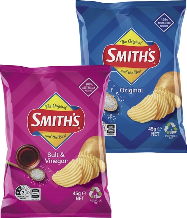 Smith’s Crinkle Cut Chips, Twisties or Doritos Corn Chips 45g Selected Varieties