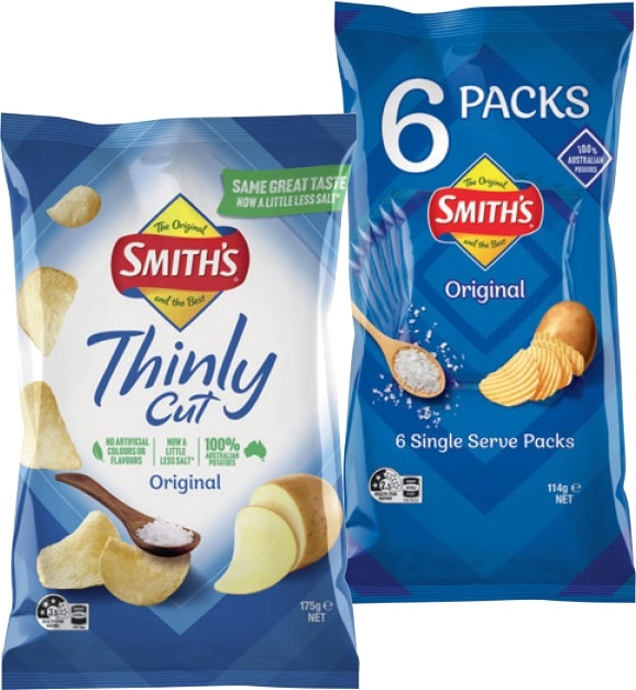 Smith’s Potato Chips 150-175g, Multipack Smith’s or Twisties 6 Pack Selected Varieties