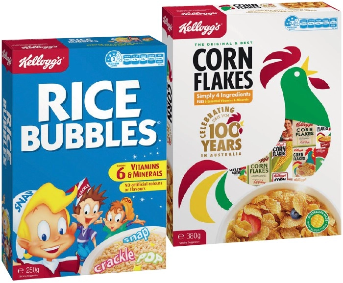 Kellogg’s Corn Flakes 380g or Rice Bubbles 250g