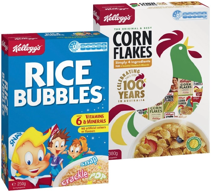 Kellogg’s Corn Flakes 380g or Rice Bubbles 250g