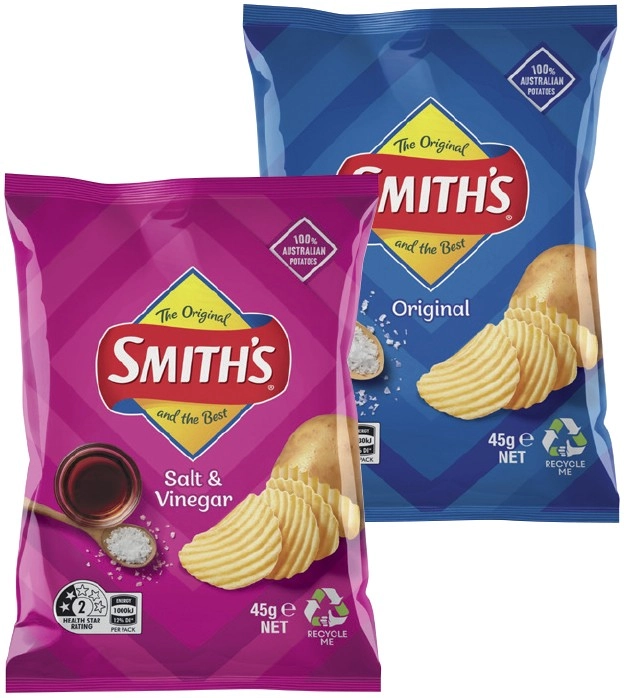 Smith’s Crinkle Cut Chips, Twisties or Doritos Corn Chips 45g Selected Varieties