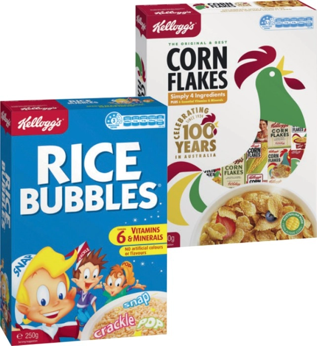 Kellogg’s Corn Flakes 380g or Rice Bubbles 250g