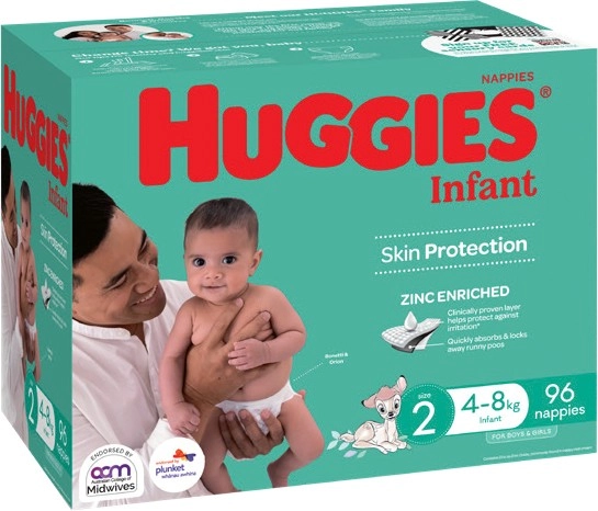 Huggies Nappies Newborn 108 Pack, Infant 96 Pack or Pure Care Nappy Pants 46‑72 Pack Selected Varieties