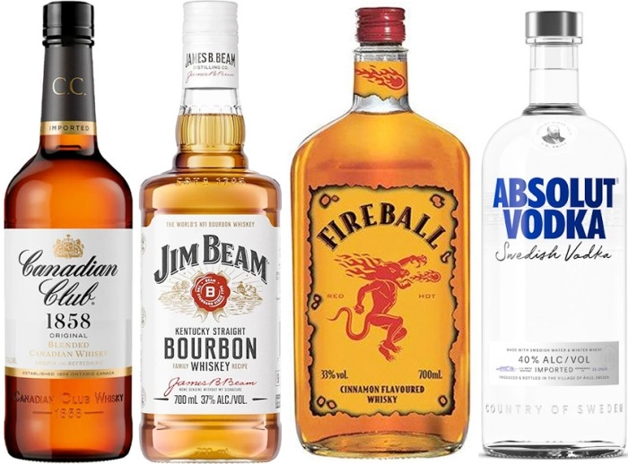 Canadian Club Original Whisky, Jim Beam White Label Bourbon, Fireball Cinnamon Whisky or Absolut Vodka 700mL Varieties