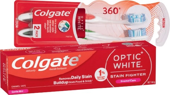 Colgate Optic White Toothpaste 140g, Mouthwash 500mL, 360° Optic White or Optic White Pro Toothbrush 2 Pack Selected Varieties