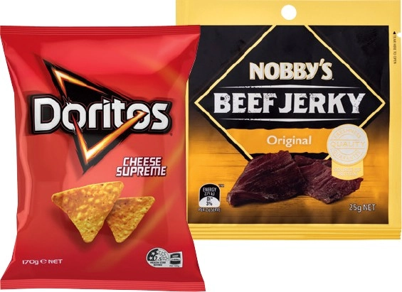 Doritos Corn Chips 150‑170g or Nobby's Beef Jerky 25g Selected Varieties