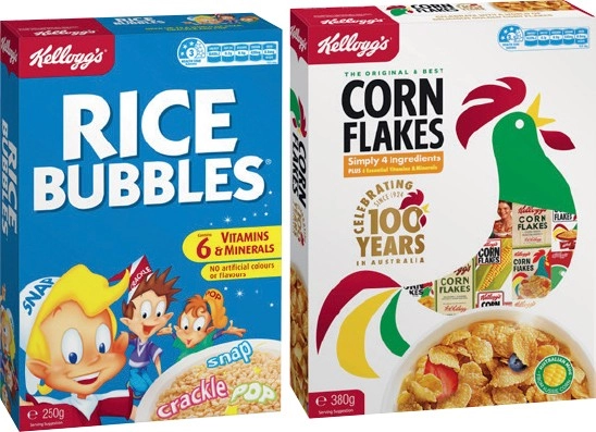 Kellogg’s Corn Flakes 380g or Rice Bubbles 250g