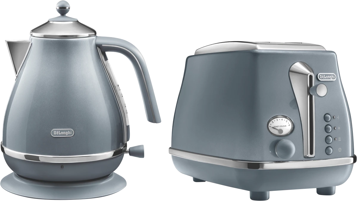 DeLonghi Icona Metallics Breakfast Pack Azura Blue Kettle And 2 Slice Toaster