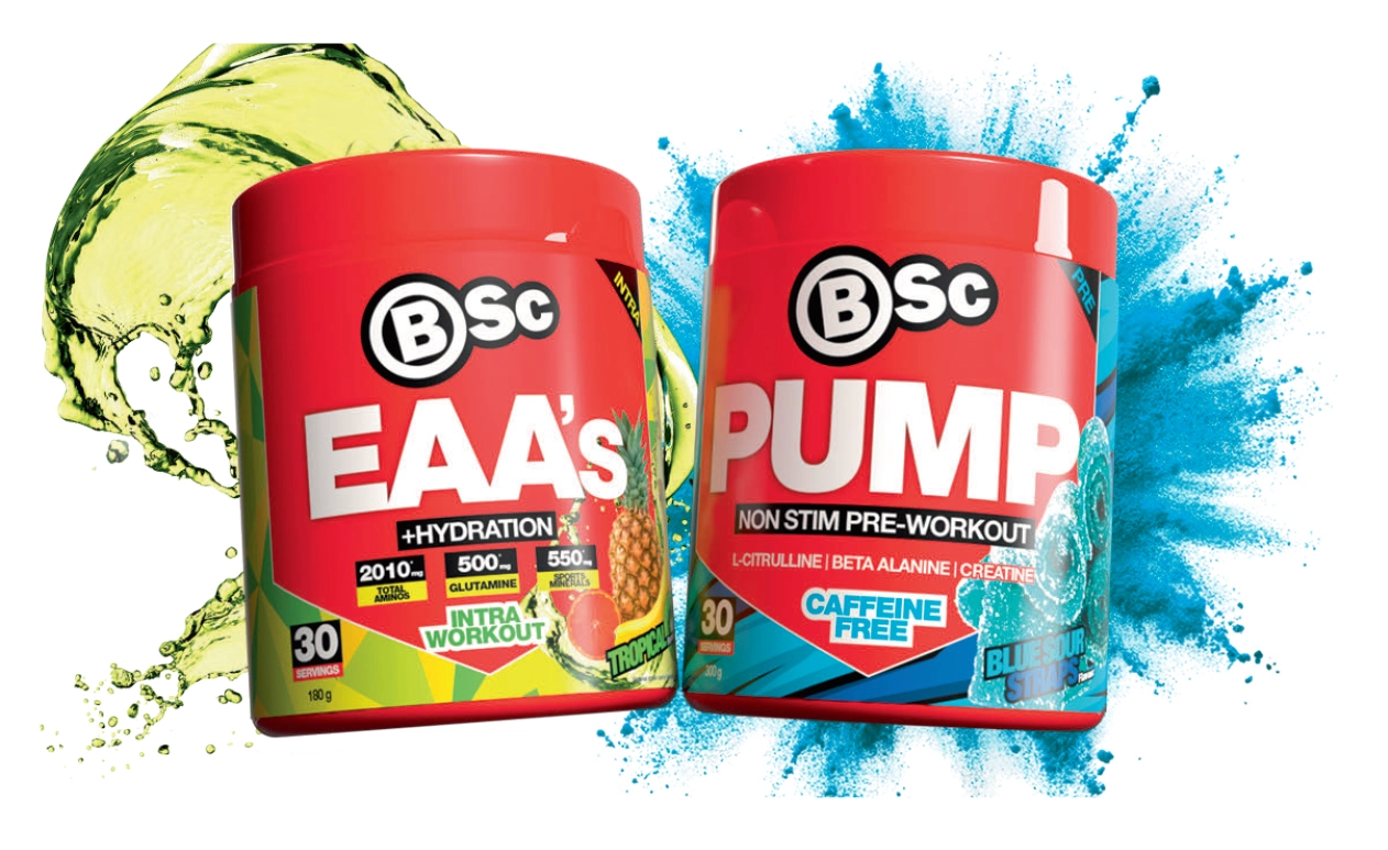 BSc EAA’s + Hydration Tropical 180g or Pump Non Stim Pre-Workout Blue Sour Straps 300g