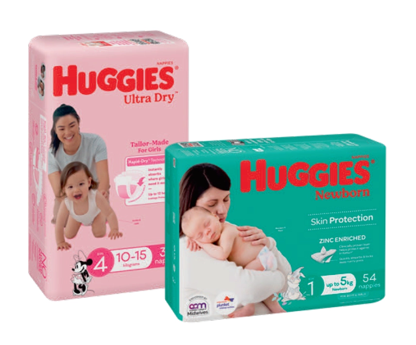 Huggies Ultra Dry Nappies Size 4 Girl 10-15kg Bulk 36 Pack or Ultimate Nappies Size 1 Newborn 54 Pack