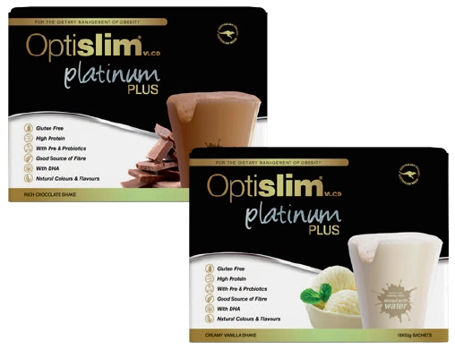 Optislim VLCD Platinum Plus Chocolate or Vanilla Flavour 18x53g Sachets