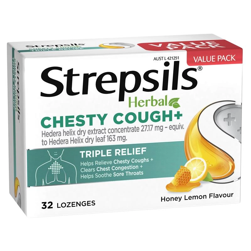 Strepsils Herbal Chesty Cough+ Honey Lemon 32 Lozenges