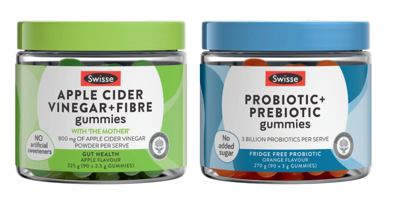 Swisse Apple Cider Vinegar + Fibre Gummies 90 Pastilles, Probiotic + Prebiotic Gummies 90 Pastilles