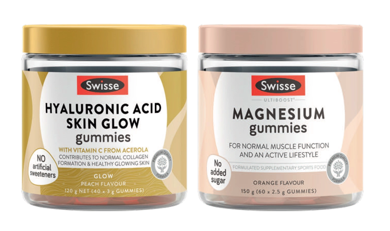 Swisse Hyaluronic Acid Skin Glow Gummies 45 Pastilles, Ultiboost Magnesium Gummies 30 Pastilles