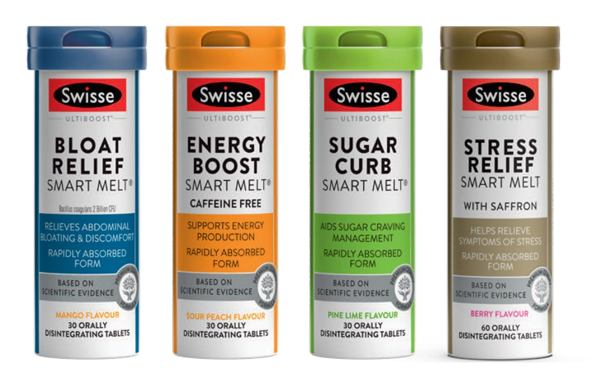 Swisse Ultiboost Bloat Relief, Energy Boost, Sugar Curb Smart Melt 30 Tablets or Stress Relief Smart Melt 60 Tablets