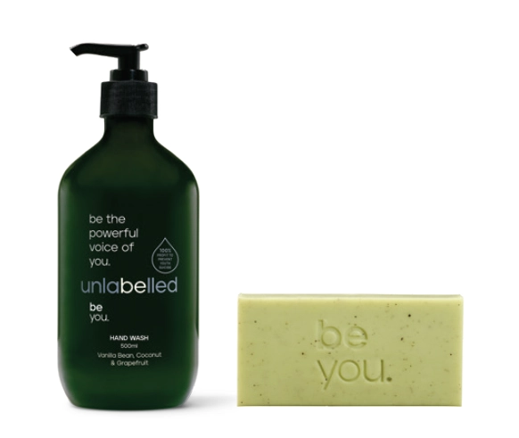 Unlabelled Vanilla Bean, Coconut & Grapefruit Hand Wash 500ml or Exfoliating Lemongrass, Lemon Mrytle & Collagen Body Bar 180g