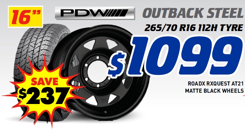 16" 4 Wheel & 4 Tyre Packages - PDW Outback Steel Wheels RoadX Rxquest AT21