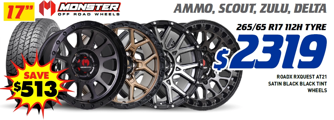 17" 4 Wheel & 4 Tyre Packages - Monster Ammo, Scout, Zulu, Delta RoadX Rxquest AT21