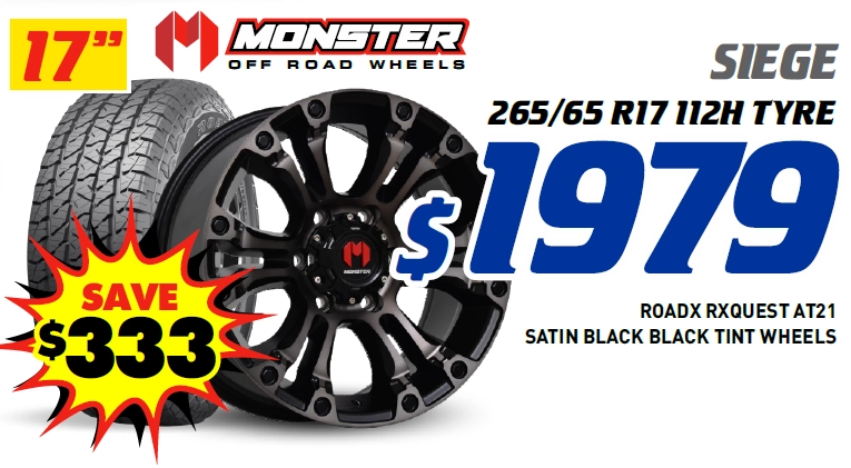 17" 4 Wheel & 4 Tyre Packages - Monster Siege RoadX Rxquest AT21