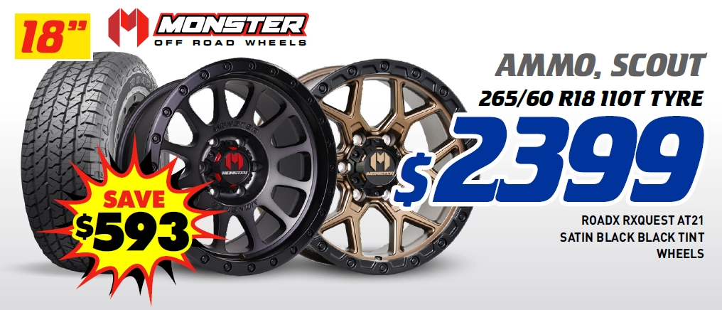 18" 4 Wheel & 4 Tyre Packages - Monster Ammo & Scout RoadX Rxquest AT21