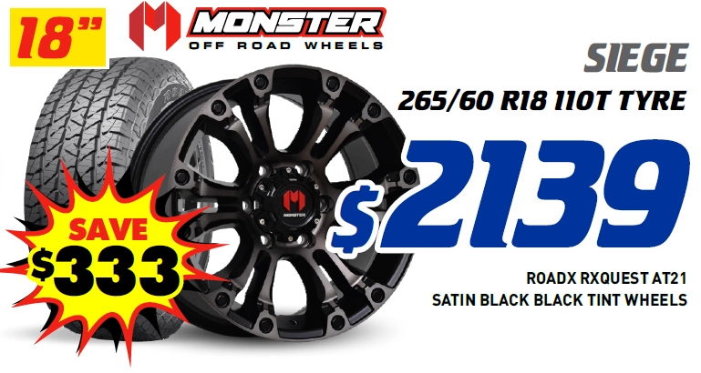 18" 4 Wheel & 4 Tyre Packages - Monster Siege RoadX Rxquest AT21