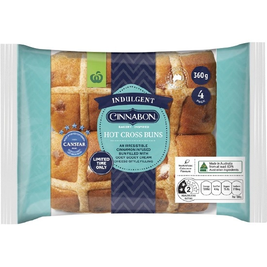 NEW Woolworths Indulgent Cinnabon® Filled Hot Cross Buns Pk 4